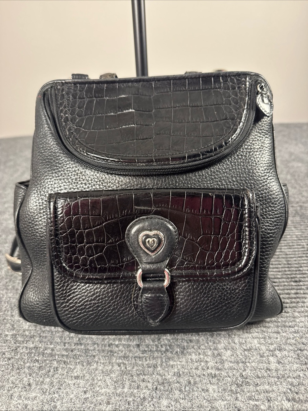 Brighton Donatella Backpack Purse Wallet Black Pebbled Leather Croc Embossed